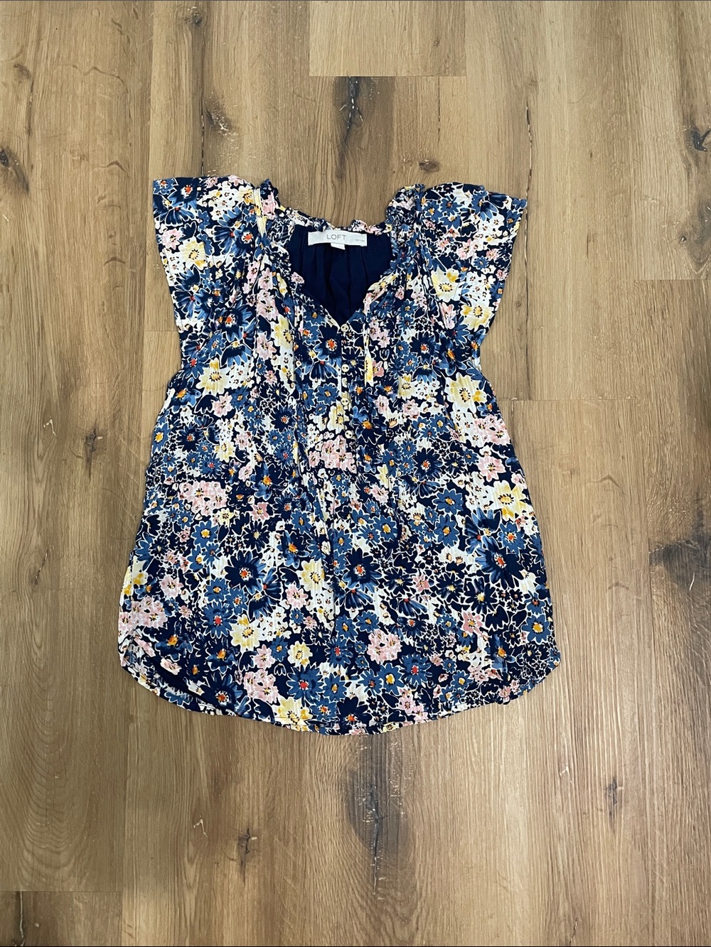 LOFT Navy Floral Flutter Sleeve V-Neck Blouse